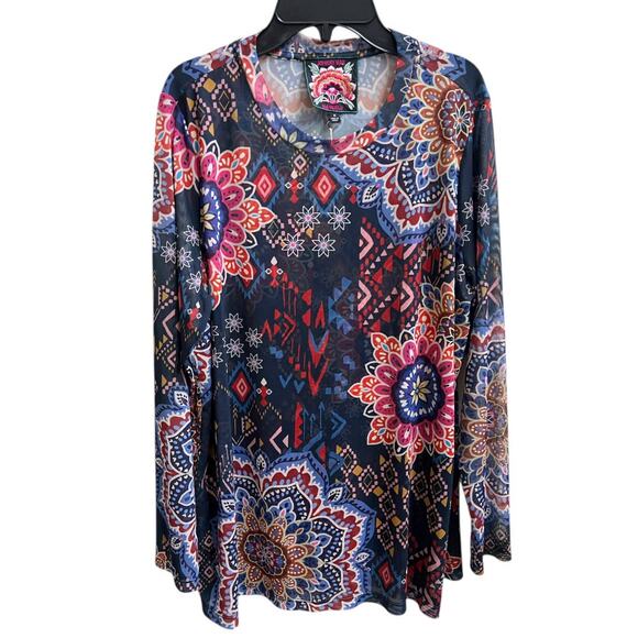 Johnny Was NWT Sz 1X Natalie Padma Print Long Slv Mesh Top Stretchy Boho Blouse